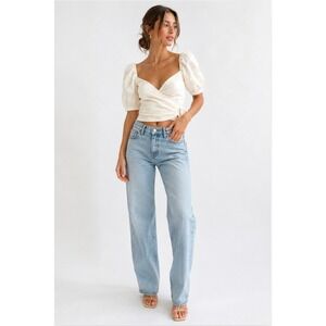 GB White Embroidered Cotton‎ Wrap Top Womens Size S Puff Sleeve Cottagecore Boho